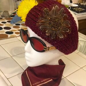 Burgundy Metallic Knit Headband Hat with Feather Accent